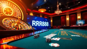 Experience RR88's thrilling casino excitement with a stylish poker table and roulette wheel.