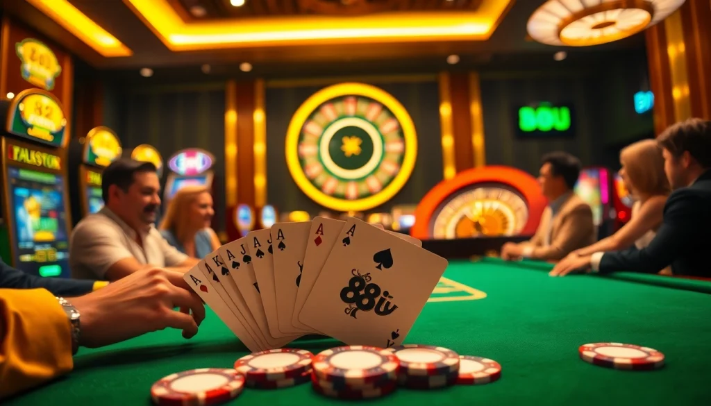 Experience thrilling gambling action at elegant poker tables featuring 88i strategy chips and roulette.