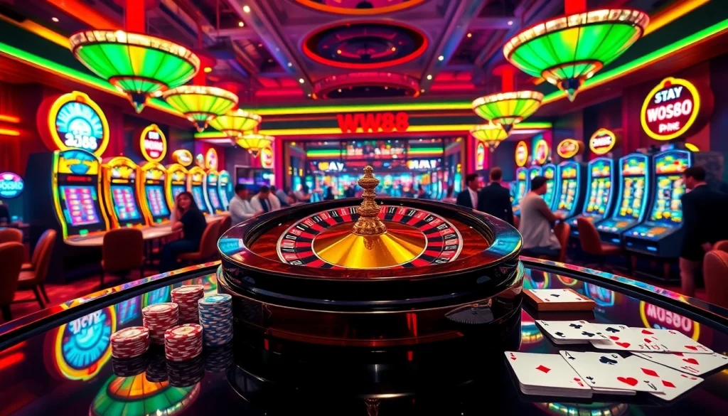 Experience the thrill of gambling with the link vào ww88 in a vibrant casino setting featuring roulette and slot machines.