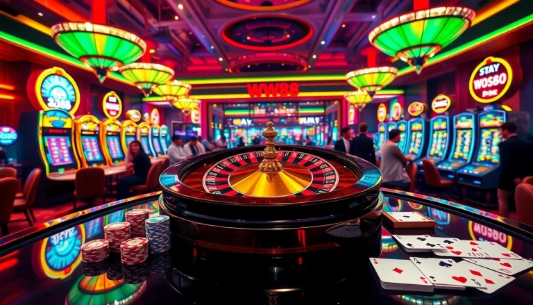 Experience the thrill of gambling with the link vào ww88 in a vibrant casino setting featuring roulette and slot machines.