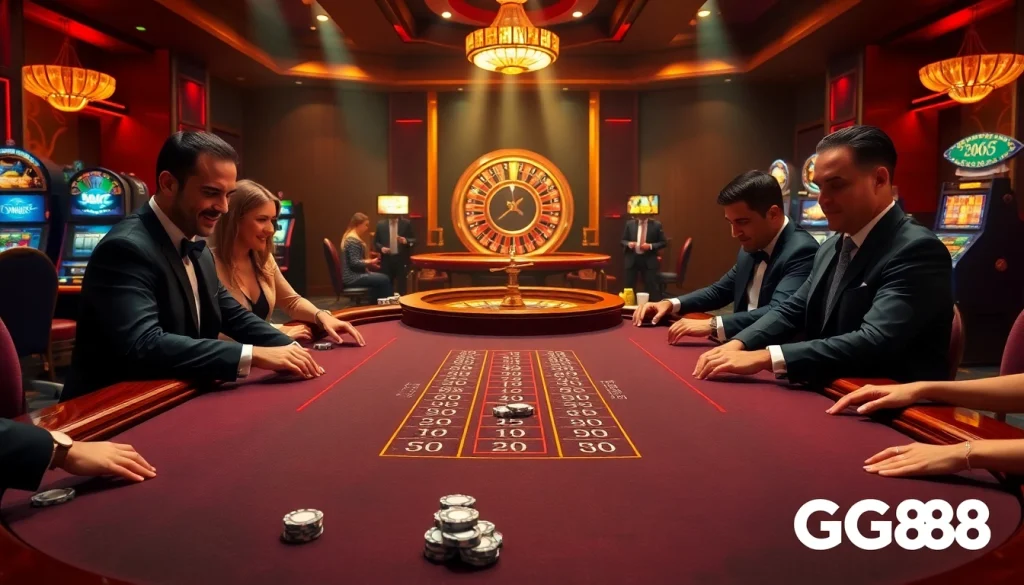 Engaging casino players at GG88's luxurious blackjack table with roulette wheels and slot machines.
