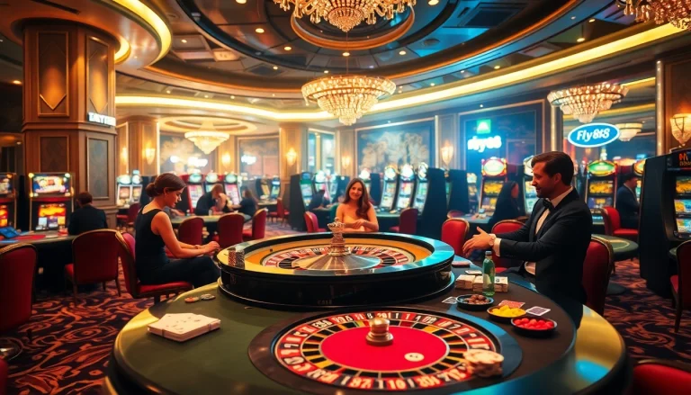 Engage with fly88 in an elegant casino atmosphere filled with excitement and luxury gaming elements.