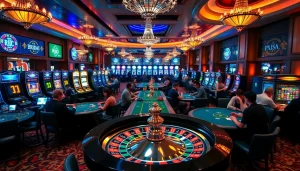 Experience the thrill of KJC.pizza's luxurious casino environment featuring roulette and slots.