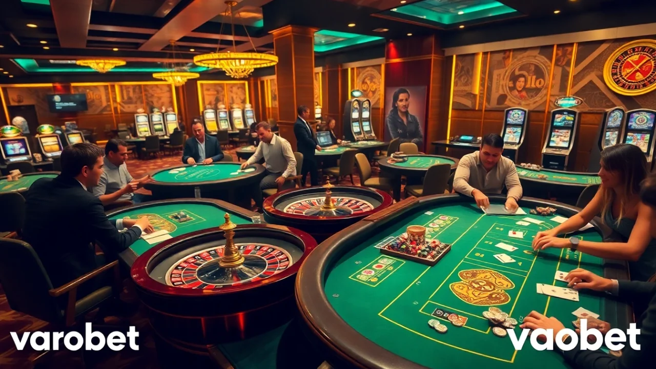 Players enjoying a thrilling game at vaobet's luxurious casino tables with poker chips and cards.