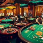 Players enjoying a thrilling game at vaobet's luxurious casino tables with poker chips and cards.