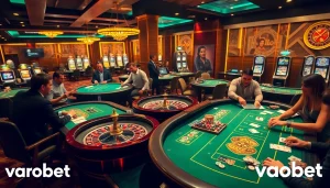 Players enjoying a thrilling game at vaobet's luxurious casino tables with poker chips and cards.