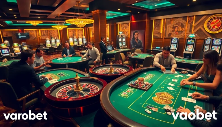 Players enjoying a thrilling game at vaobet's luxurious casino tables with poker chips and cards.