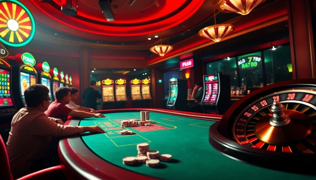 A thrilling gambling scene showcasing alo 789 platform with players enjoying poker and vibrant slot machines.