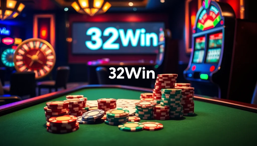 Experience thrilling gameplay at 32Win casino with vibrant poker chips and roulette action.
