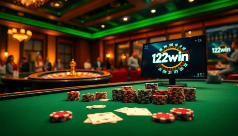 Exciting gambling scene featuring 123win poker chips and a roulette wheel, highlighting luxury.