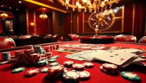 A group of excited gamblers playing poker at https://gamemanclub.wiki, showcasing colorful chips and an engaging casino atmosphere.