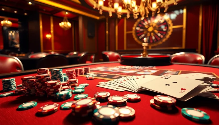 A group of excited gamblers playing poker at https://gamemanclub.wiki, showcasing colorful chips and an engaging casino atmosphere.