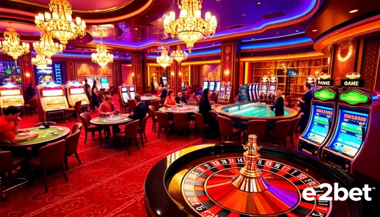 Experience the electrifying atmosphere of e2bet in a luxurious casino setting with players at gaming tables.