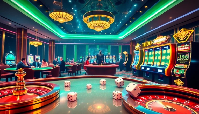 Gambling scene depicting excitement and luxury at https://rr8888.in.net/ with poker tables and vibrant slot machines.