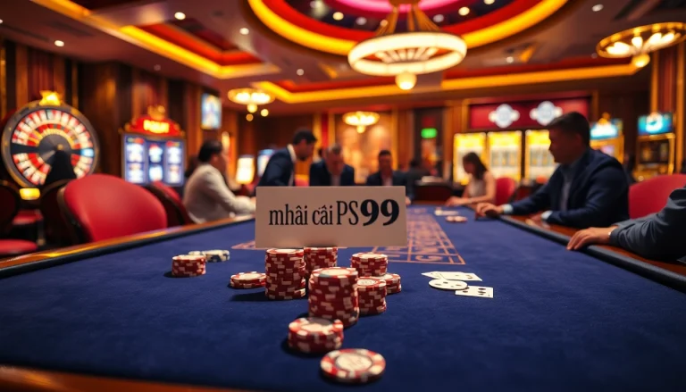 A lively gaming table at nhà cái PS99 with poker chips, cards, and roulette wheel, showcasing excitement.