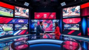 Engaging hosts in a vibrant sports broadcasting studio with live feeds.