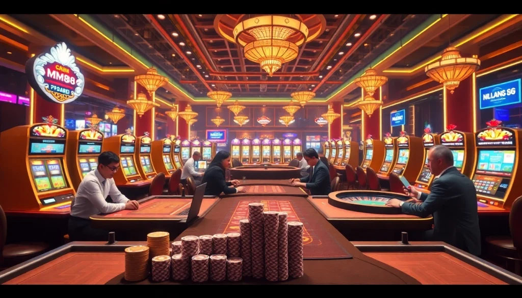 MM88 online casino image showing vibrant slot machines and poker tables filled with excitement.