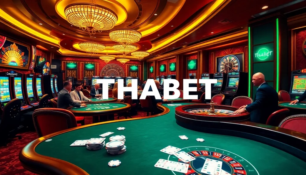 Players enjoying a thrilling casino experience at THABET with poker tables, vibrant slot machines, and roulette.