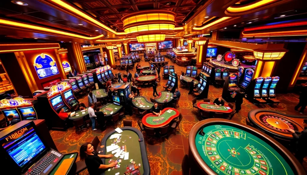 Players enjoying games at F168.COM casino, showcasing vibrant slots and poker tables.