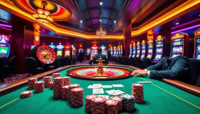 Immersive casino scene showcasing poker activity and a roulette wheel, emphasizing link vào 8xbet.