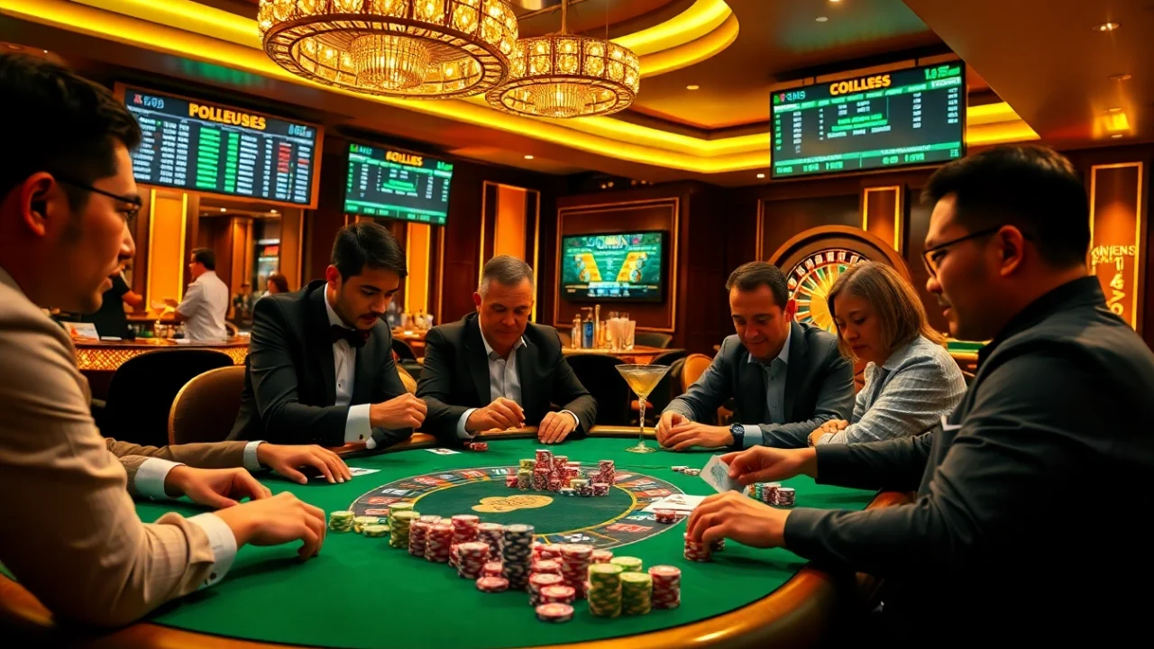 Engaging poker scene featuring players at a table, reflecting the excitement of https://keobongda2.vip/ with vibrant colors.