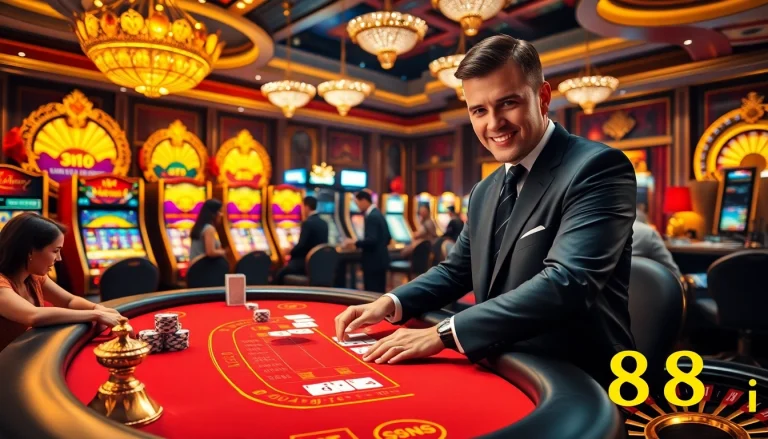 Players engaging in thrilling games at a casino featuring 88i poker tables and luxurious decor.