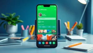Explore GBWhatsApp's vibrant customization features on a smartphone in a modern workspace.