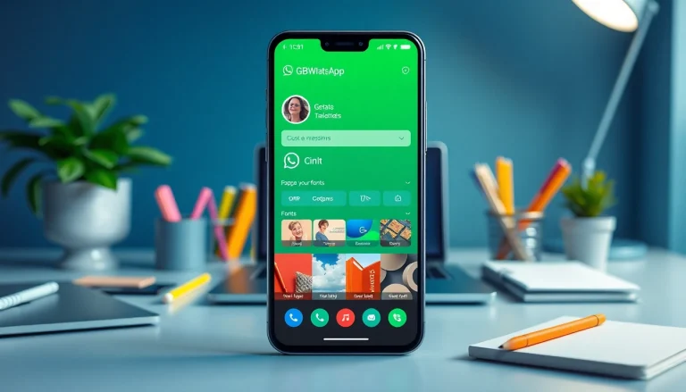 Explore GBWhatsApp's vibrant customization features on a smartphone in a modern workspace.