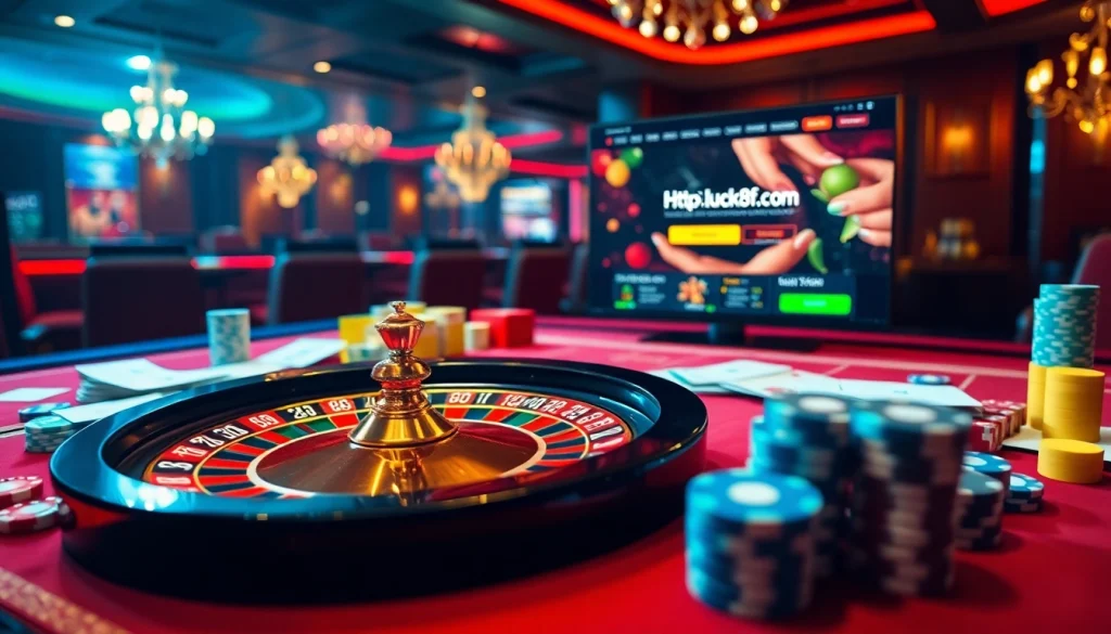 Experience the thrill of online gambling at http://luck8f.cn.com/ with a vibrant casino scene showcasing roulette and poker.