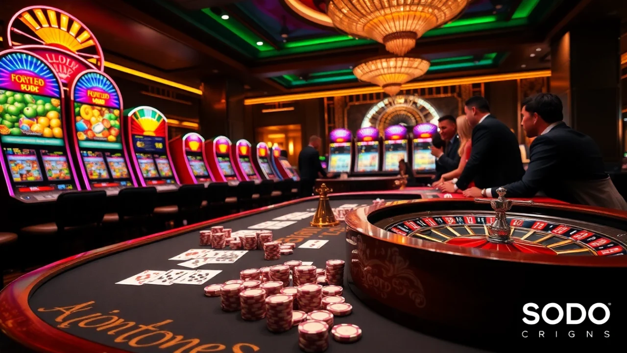 SODO casino scene showcasing players at a vibrant poker table and slot machines, emphasizing excitement.