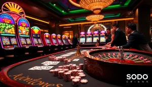 SODO casino scene showcasing players at a vibrant poker table and slot machines, emphasizing excitement.