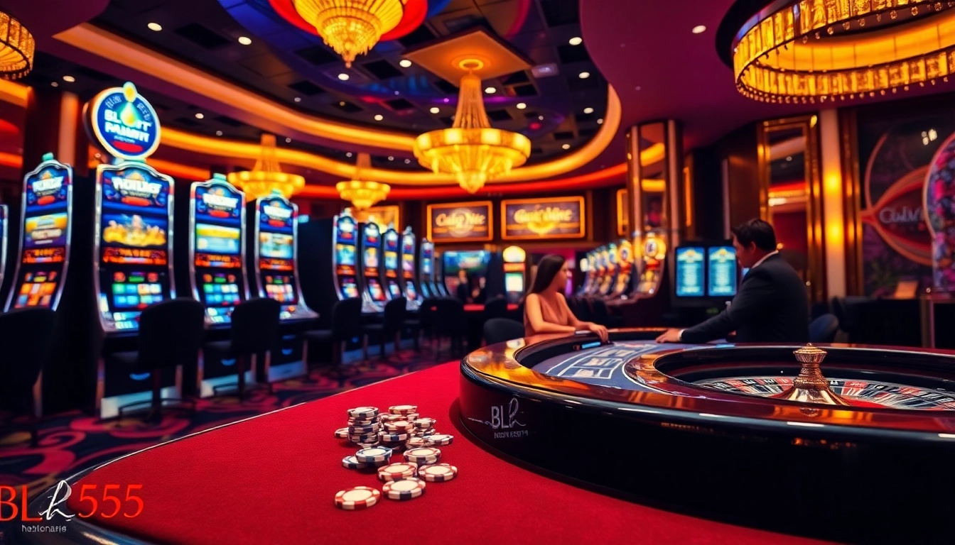 Experience the thrill of BL555 with players enjoying upscale casino games surrounded by dazzling lights.