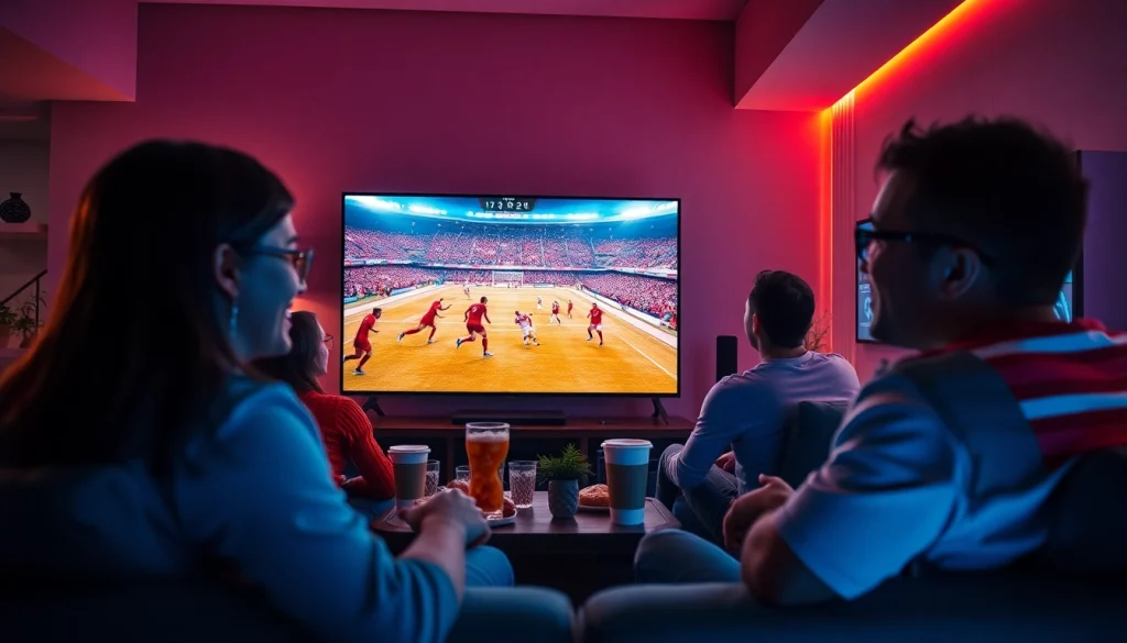 Fans enjoying a thrilling live football match on vaoluoitv.it.com, showcasing excitement and community.