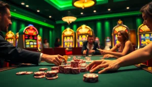 Players enjoying the excitement of BL555 casino games at a luxurious table with vibrant slot machines.