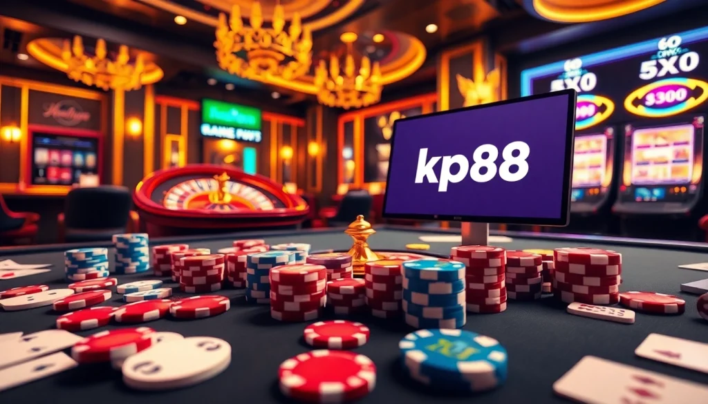 Exciting gambling scene featuring the nhà cái kp88 logo on a modern interface with poker chips and cards.