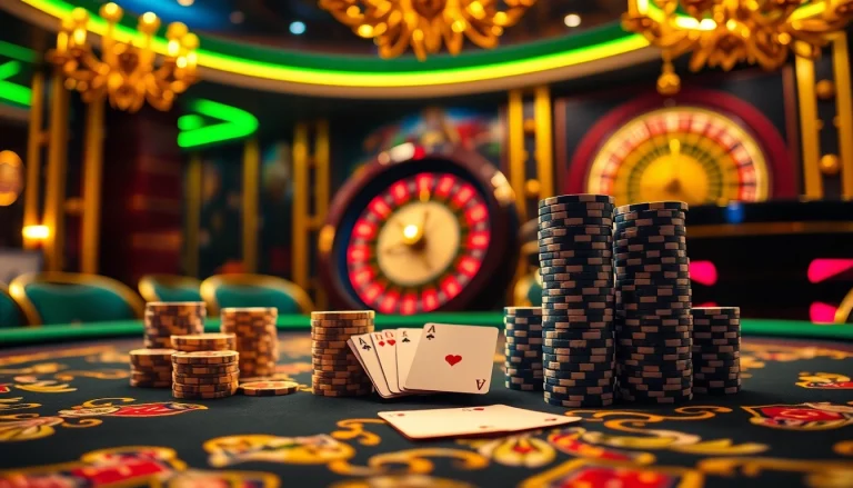 Experience excitement at 98win3h.blog's luxurious poker table amidst vibrant casino visuals.