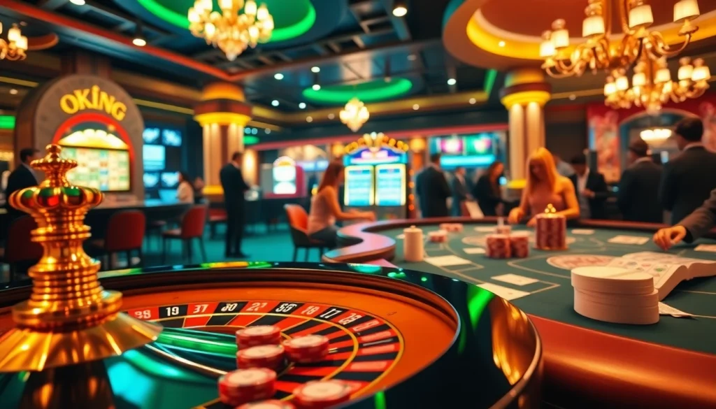OKKING casino scene featuring roulette, poker, and slot machines for thrilling gambling action.