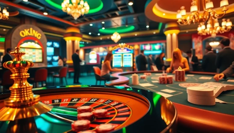 OKKING casino scene featuring roulette, poker, and slot machines for thrilling gambling action.