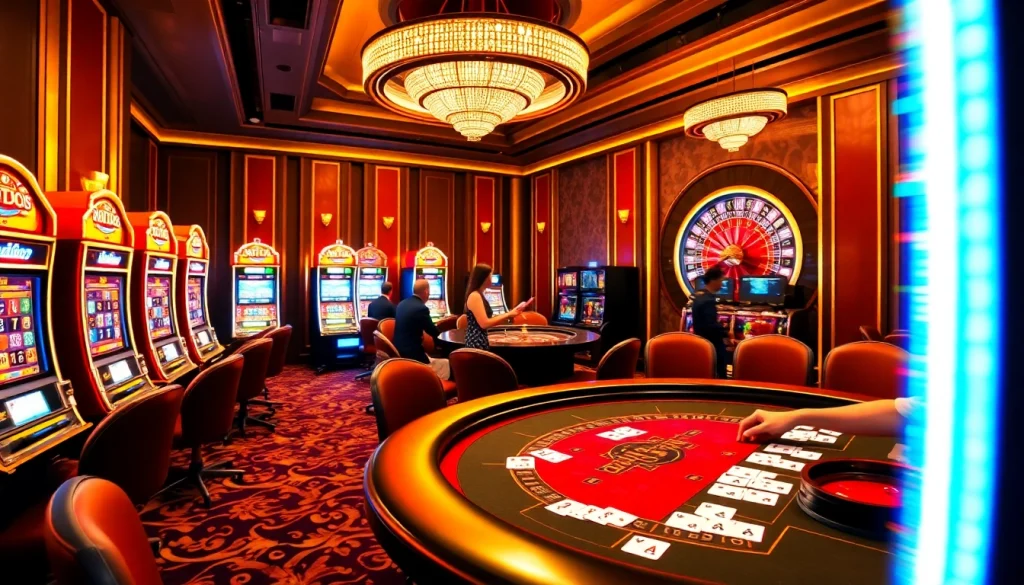 Experience MK8 Casino with vibrant slot machines and an exciting poker table in action.