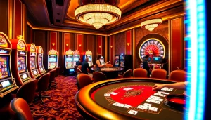 Experience MK8 Casino with vibrant slot machines and an exciting poker table in action.