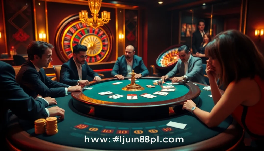 Experience vibrant casino action at https://jun88pl.com/, featuring poker and roulette in a luxurious setting.