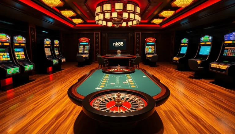 Players enjoying high-stakes poker at the casino, featuring nk88 branding in the luxurious environment.