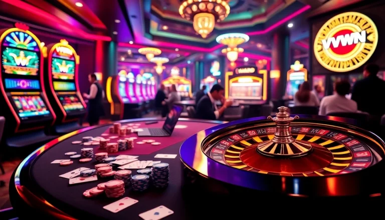 Experience the thrill of vvvwin with vibrant casino visuals showcasing poker, roulette, and online gaming excitement.