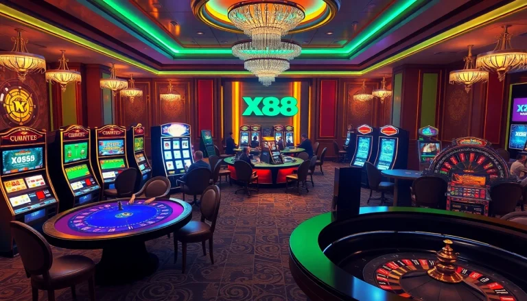 X88 players strategizing at vibrant casino tables with dynamic slot machines and roulette wheels.