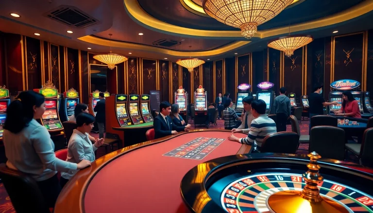 A vibrant casino experience highlighting BJ88 with players at a poker table and engaging roulette wheel.