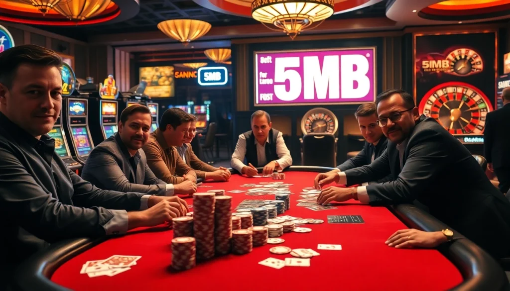 Engaging poker players at a high-stakes table featuring colorful chips and a thrilling casino vibe in 5MB imagery.