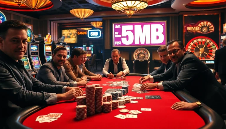 Engaging poker players at a high-stakes table featuring colorful chips and a thrilling casino vibe in 5MB imagery.