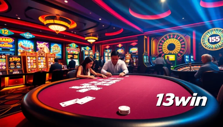Excited players enjoying gaming at 13win's online casino with vibrant slot machines and poker tables.