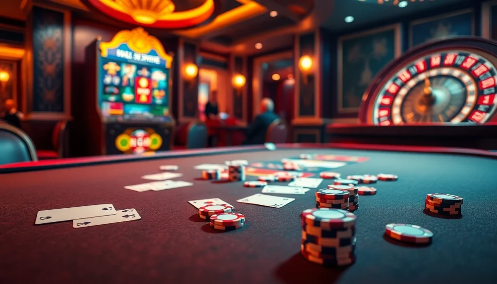Experience the thrill of NH88 online casino with an elegant casino table setup showing playing cards and chips.