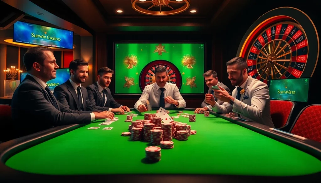 Engaged players at a sunwin poker table, showcasing excitement and strategic gameplay in a vibrant casino.